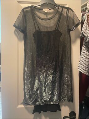 Gianni Bini Black Sheer Metallic Overlay Dress